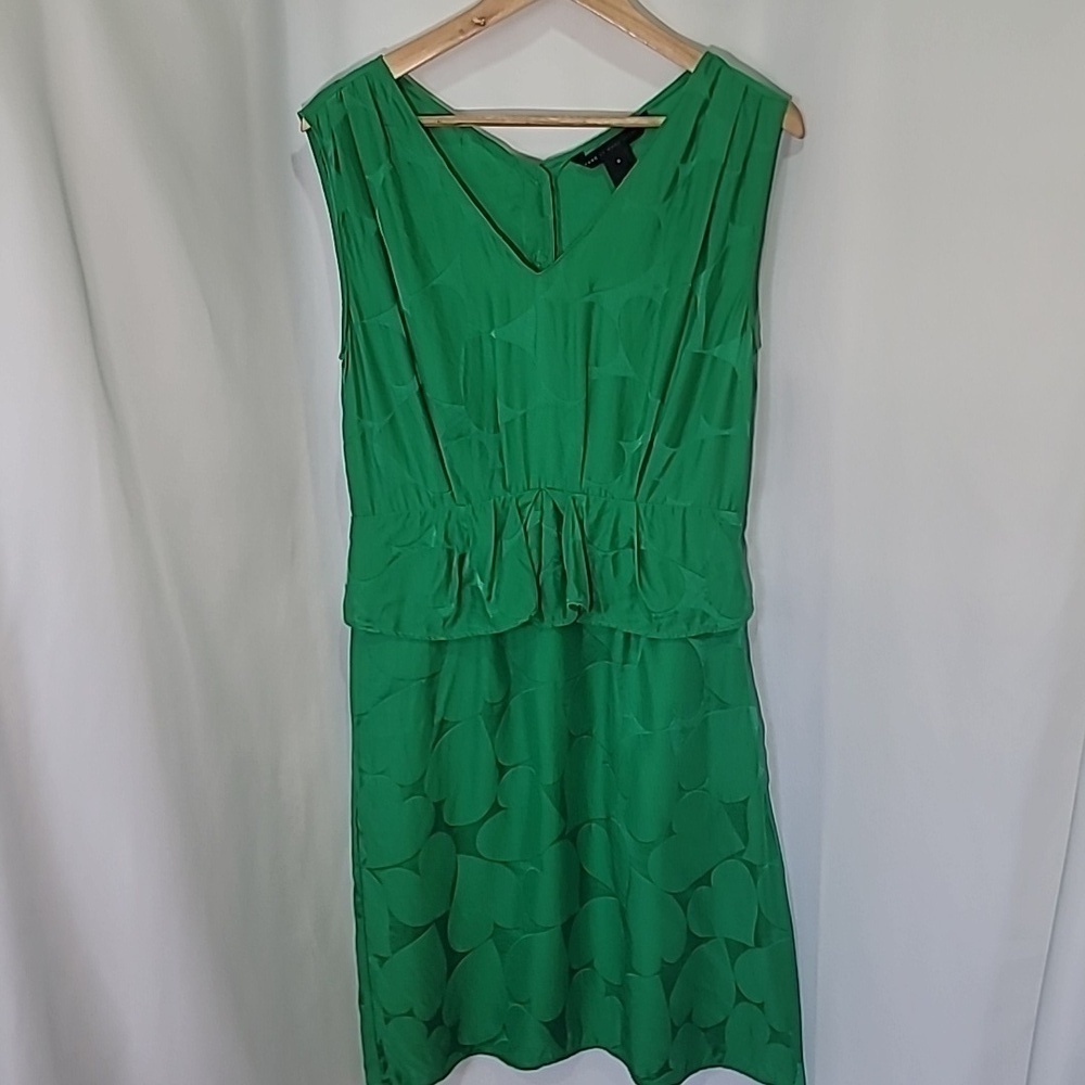 MARC JACOBS 100% Silk Heart Peplum Sleeveless V Neck Dress Romantic Love Bright